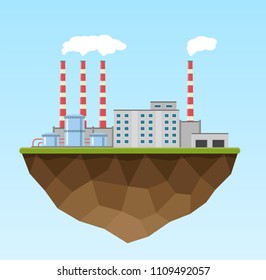 Industrial production building earth background. Factory in the flat style. Manufacturing power building. Decorative factory icon. Vector illustration.
