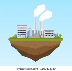 Industrial production building earth background. Factory in the flat style. Manufacturing power building. Decorative factory icon. Vector illustration.