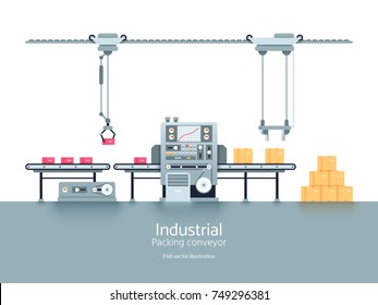 Industrial production factory conveyor flat vector illustration. Industrial technology conveyor machine for production and manufacturing process