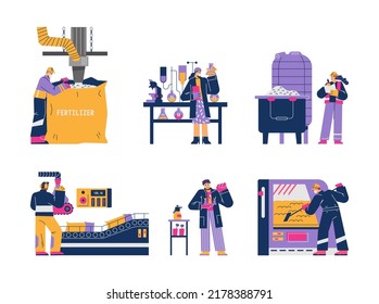 Industrial production of fertilizers for agriculture set. Scientific development of fertilizers, flat cartoon vector illustration isolated on white background.