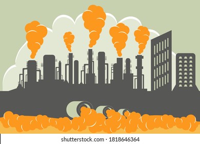 Industrial production with harmful emissions into the environment. Wastewater pollution with toxic waste. Vector illustration.
