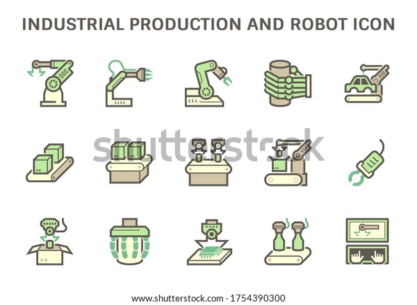 Industrial production icon\
such as robot, production line, box packaging and other vector icon\
set design.