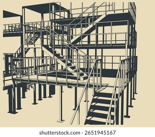 Interiores de produção industrial e objetos com escadas de metal, plataformas e equipamentos, ilustração vetor estilizado