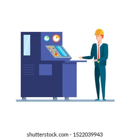 industrial production machine with engineer working vector illustration design