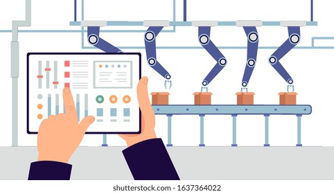 Industrial production monitoring application and smart factory software concept with tablet screen on automatic robotic conveyor background, flat vector illustration.