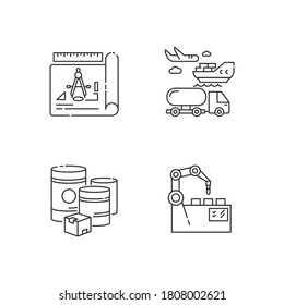 Industrial production pixel perfect linear icons set. Raw materials, drafting, automation and shipping customizable thin line contour symbols. Isolated vector outline illustrations. Editable stroke