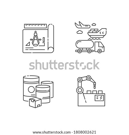 Industrial production pixel perfect linear icons set. Raw materials, drafting, automation and shipping customizable thin line contour symbols. Isolated vector outline illustrations. Editable stroke
