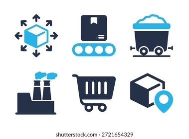 Conjunto de iconos de proceso de producción e inventario de Industrial. Iconos de la serie de glifos sólidos