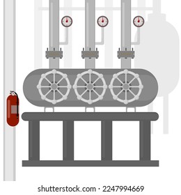 Industrial production, quality control, pipeline transportation, controlled by solenoid valves white background.