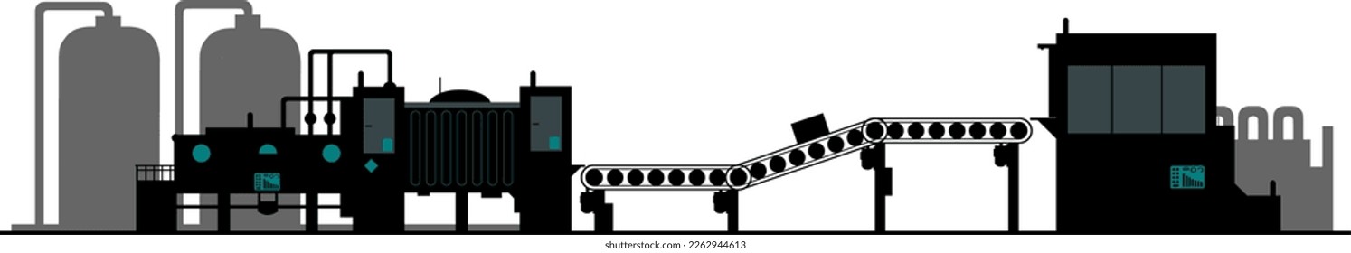 Producción industrial y línea de transporte con máquinas, tanques y cintas transportadoras