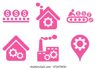 Industrial Production vector icons. Pictogram style is pink flat icons with rounded angles on a white background.