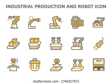 Industrial Production Work And Robot Part Such As Hand, Arm, Food And Beverage Processing, Automotive Production, Box Packaging, Computer Chip Processor And Computer Control Vector Icon Set Design.