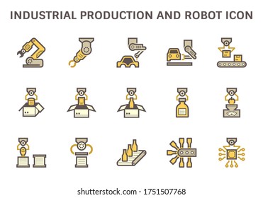 Industrial Production Work And Robot Part Such As Hand, Arm, Food Production, Beverage Production, Automotive Production, Box Packaging Computer Chip And Computer Control Vector Icon Set Design.