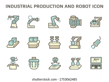 Icono de producción industrial como robot, línea de producción, empaquetado de cajas y otro diseño de conjunto de iconos vectores.