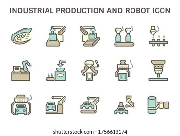 Icono de producción industrial como robot, línea de producción, empaquetado de cajas y otro diseño de conjunto de iconos vectores.