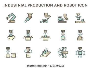 Industrial Production Work And Robot Part Such As Hand, Arm, Food Production, Beverage Production, Automotive Production, Box Packaging Computer Chip And Computer Control Vector Icon Set Design.