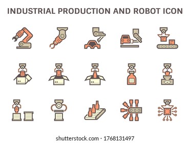 Industrial Production Work And Robot Part Such As Hand, Arm, Food Production, Beverage Production, Automotive Production, Box Packaging Computer Chip And Computer Control Vector Icon Set Design.