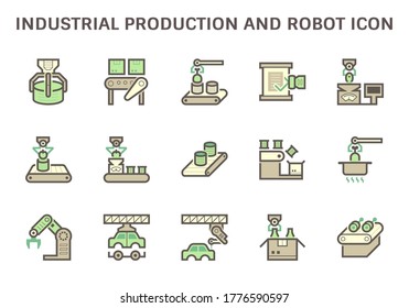Robot de producción industrial y diseño de conjunto de iconos vectores de control de computadora.