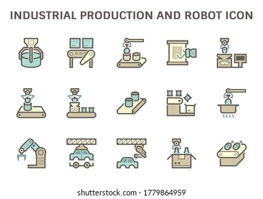Robot de producción industrial y diseño de conjunto de iconos vectores de control de computadora.