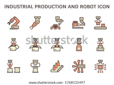 Industrial production work and robot part such as hand, arm, food production, beverage production, automotive production, box packaging computer chip and computer control vector icon set design.