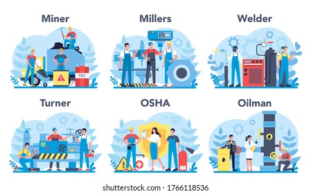 Industrial profession set. Professional worker in protective mask and gloves. Welder, miller, miner, turner, osha, oilman. Vector illustration