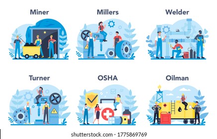 Industrial profession set. Professional worker in protective mask and gloves. Welder, miller, miner, turner, osha, oilman Vector illustration