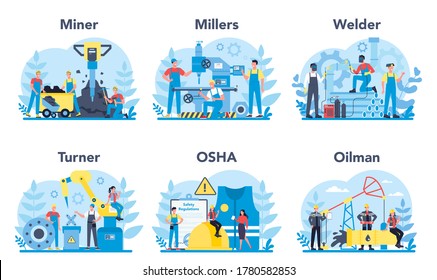 Industrial profession set. Professional worker in protective mask and gloves. Welder, miller, miner, turner, osha, oilman Vector illustration