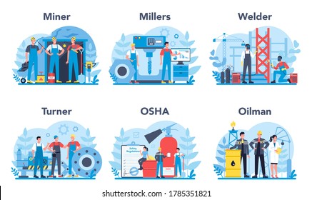 Industrial profession set. Professional worker in protective mask and gloves. Welder, miller, miner, turner, osha, oilman Vector illustration