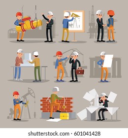 Industrial professional engineers set with construction workers builders and architects in different situations isolated vector illustration