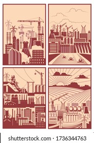 Industrial Propaganda Poster Template Set, Old Placards Stylization, Construction Site, Uran Cityscape, Factory Pipes, Agriculture Fields, Combine Harvesters, Power Lines Silhouette Backgrounds