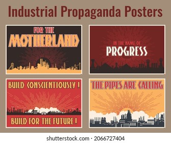 Industrial Propaganda Posters, Factory and Plant Silhouettes Retro Soviet Art Style