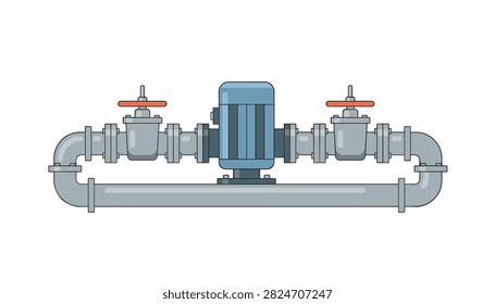 Industrial pump system powered by an electric motor with two valves and horizontal pipe connections for liquid distribution flow.
