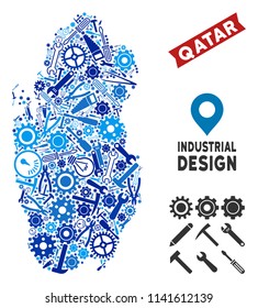 Industrial Qatar map composition of wheels, wrenches, hammers and other instruments. Abstract geographic plan in blue color hues. Vector Qatar map is created of instruments.