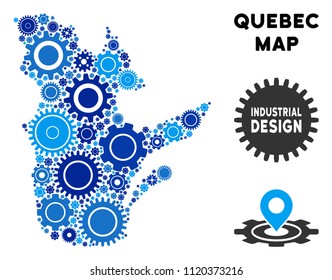 Industrial Quebec Province map collage of gears. Abstract territory scheme in blue color tinges. Vector Quebec Province map is formed with gear wheels. Concept of industrial workshop.