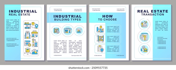 Plantilla de folleto de gradiente azul de bienes raíces de Industrial. Diseño de folleto con iconos lineales. 4 diseños de Vector editables para presentación, informes anuales