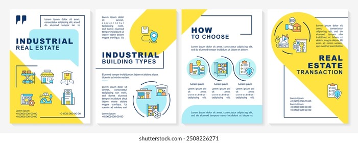 Plantilla de folleto azul y amarillo de bienes raíces de Industrial. Diseño de folleto con iconos lineales. 4 diseños de Vector editables para presentación, informes anuales