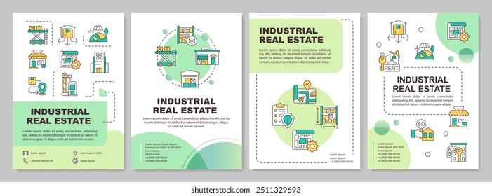 Plantilla de folleto de Industrial de bienes raíces Green Circle. Diseño de folleto con iconos lineales. 4 diseños de Vector editables para presentación, informes anuales