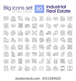 Conjunto de iconos lineales de bienes raíces de Industrial. Propiedad de almacenamiento. Edificios de logística y producción. Símbolos de línea delgada personalizables. Ilustraciones de contorno de Vector aislado. Trazo editable