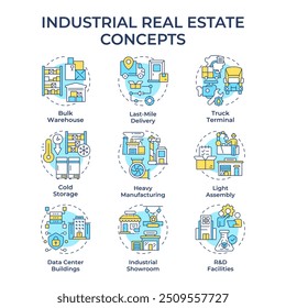 Ícones de conceito multi-cor de imóveis industriais. Tipos de propriedade. Armazenagem, logística e edifícios de produção. Realty à venda. Pacote de ícones. Imagens vetoriais. Ilustrações de forma redonda. Ideia abstrata