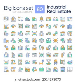 Industrial real estate RGB color icons set. Storage property. Logistics and production buildings. Isolated vector illustrations. Simple filled line drawings collection. Editable stroke
