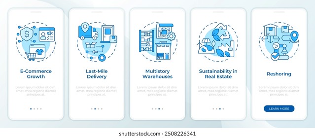 Industrial real estate trends blue onboarding mobile app screen. Walkthrough 5 steps editable graphic instructions with linear concepts. UI, UX, GUI template
