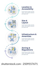 Modelo de design infográfico de características de realidade industrial. Localização e acessibilidade. Visualização de dados com 4 opções. Processar fluxograma vertical