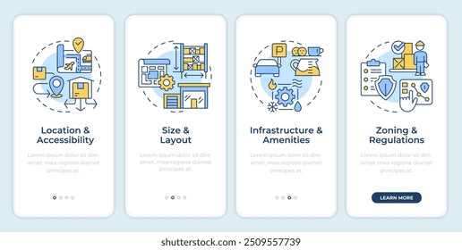 Realidade industrial características onboarding tela de aplicativo móvel. Passo a passo 4 passos instruções gráficas editáveis com conceitos lineares. UI, UX, modelo de GUI