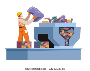 Industrial recycling of garbage and litter, sorting plastic and bulky items. Isolated worker wearing uniform working on factory, loading machine for shredding. Vector in flat style illustration