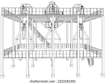 Industrial refinery structure equipment valves and other pipelines 3d illustration line one point perspective