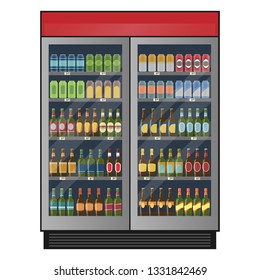 Industrial refrigerator with beer in cans and bottles isolated on white background. Vector illustration.