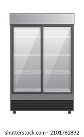 Industrial Refrigerator With Empty Shelves On A Plain Background, Vector Illustration Of A Market Fridge