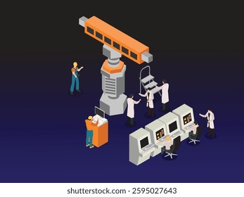Industrial Research and Development with Scientists and Engineers Working on Advanced Machinery 3d flat vector illustrations