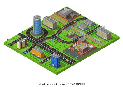 Industrial and residential city district elements isometric composition poster with streets and production facilities abstract vector illustration