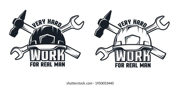 Industrial Retro Emblem With Hard Hat Hammer And Spanner. Work Logo With Helmet And Tools. Vector Illustration.